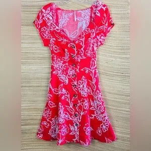 Free People A Thing Called Love Linen Blend Mini Dress Red Floral Print  Size 4